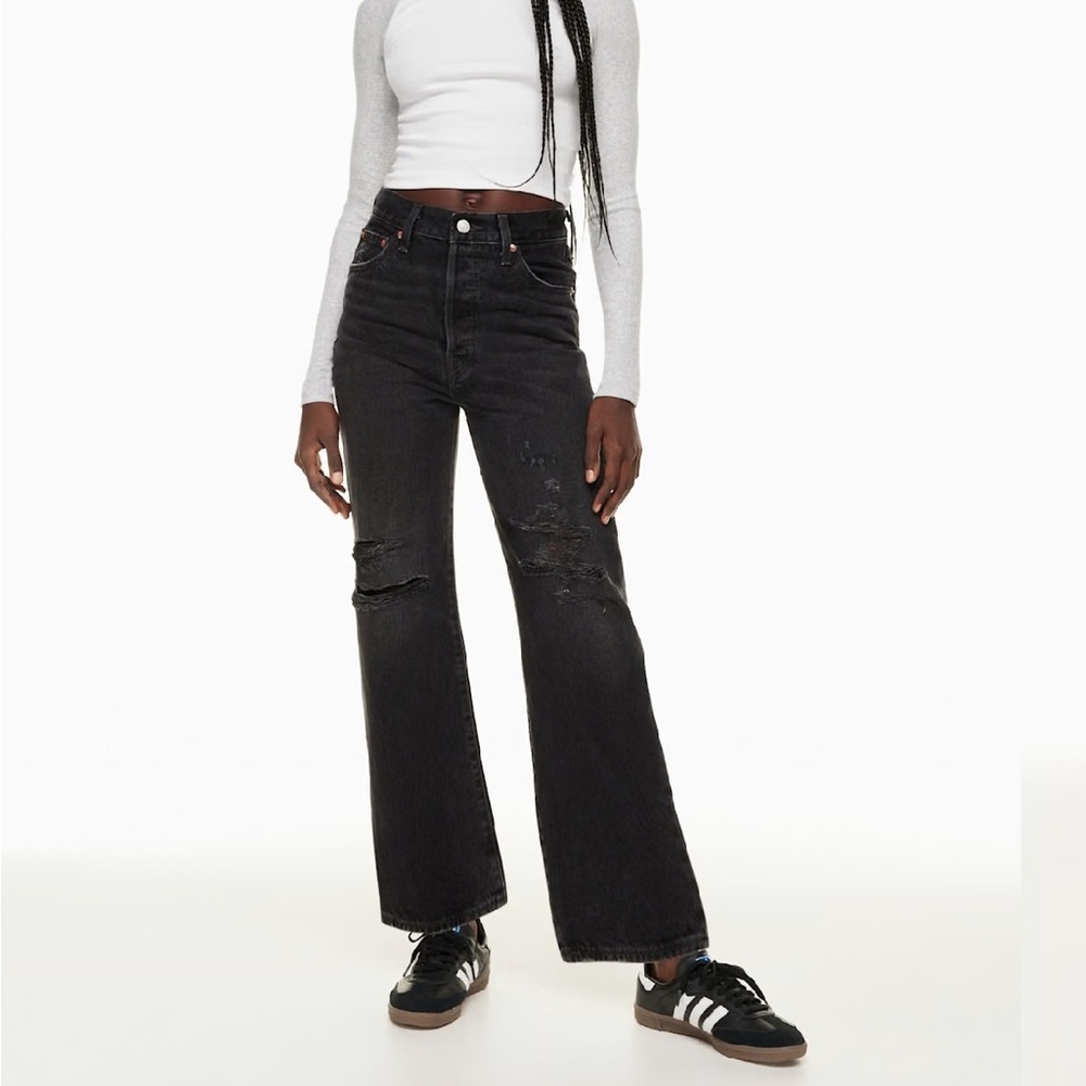 Levis Black Distressed Ribcage High Rise Straight Leg Streetwear Casual Jeans